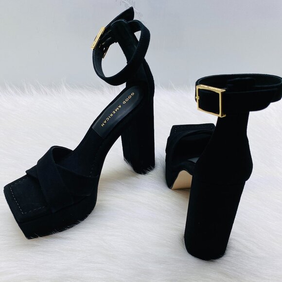 Good American Shoes - GOOD AMERICAN Suede Square Toe Platform Chunky Heels GA159K-E Black Sz 6  NEW
